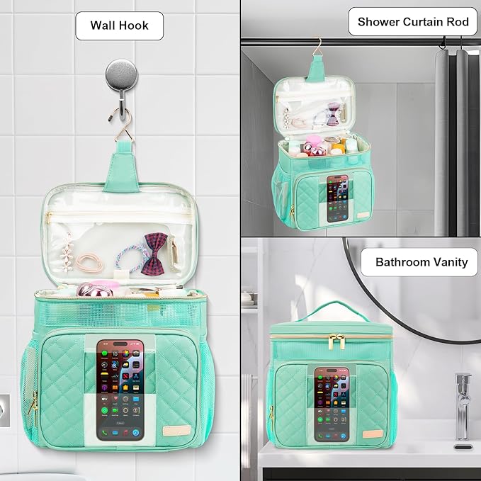 Portable Shower Caddy (Full Size Bottle Compatible),Travel Shower Tote Bag with Quick Dry Mesh Base,Hanging Toiletry Cosmetic Bag for Gym,College,Camping & Dorm, Mint Green