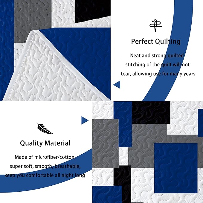 3 Piece Blue White Grey Quilt Set Full/Queen Size Black White Geometric Reversible Bedding Set Microfiber Lightweight Bedspread Coverlet with 2 Shams Modern Bed Covers for All Season, 90''x96''
