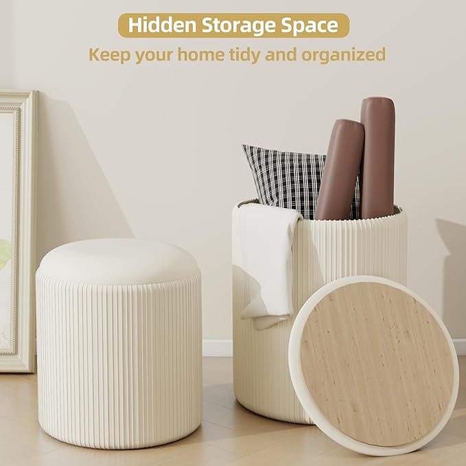 Twira Round Ottoman with Storage Set of 2, Velvet Nesting Ottoman for Living Room,Bedroom,Dorm,RV, Flip-up Lid Coffee Table, Upholstered Makeup Vanity Stool,Multifunctional Foot Rest 330lbs Load Beige