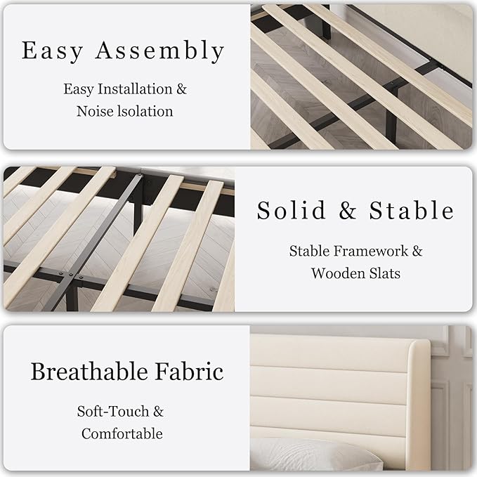 Queen Bed Frame with Upholstered Headboard, Velvet Platform Bedframe Mattress Foundation, Strong Wood Slat Support, No Box Spring Needed, Easy Assembly, Pale Beige