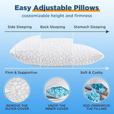 Cooling Bed Pillows for Sleeping 2 Pack Shredded Memory Foam Pillows Standard Size Set of 2, Adjustable Cool Pillow for Side Back Stomach Sleepers Luxury Gel Pillows with Washable Removable Cover