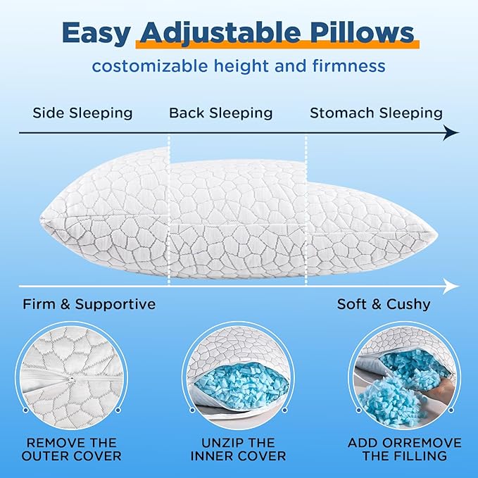 Cooling Bed Pillows for Sleeping 2 Pack Shredded Memory Foam Pillows Standard Size Set of 2, Adjustable Cool Pillow for Side Back Stomach Sleepers Luxury Gel Pillows with Washable Removable Cover