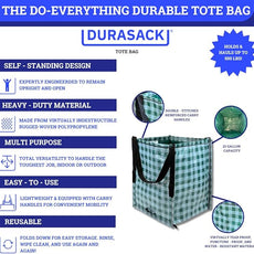 DURASACK Heavy Duty Storage Tote Bag 22-Gallon Rugged Woven Polypropylene Moving Bag, Reusable Self-Standing Design, Holds up to 500 Pounds, Single, Gingham Green