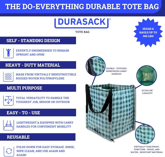 DURASACK Heavy Duty Storage Tote Bag 22-Gallon Rugged Woven Polypropylene Moving Bag, Reusable Self-Standing Design, Holds up to 500 Pounds, Pack of 4, Gingham Green