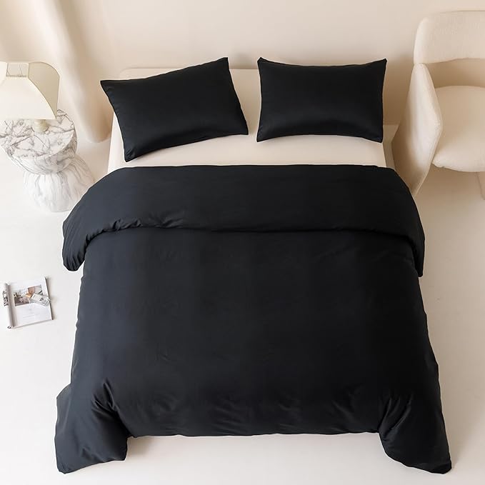 HeimenAogo Egyptian Cotton Duvet Cover Full Size Sateen Weave, Silky Soft and Breathable Bedding Set with Zipper Closure, Long Staple Cotton Bed Linen Pure Black 3Pcs (80"×90")