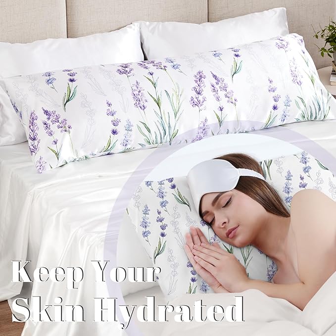 EXQ Home Satin Pillowcase for Hair and Skin Body- Flower Printed Lavender Silk Pillowcase 20x54 inches - Body Pillow Cases with Envelope Closure, Gifts for Women