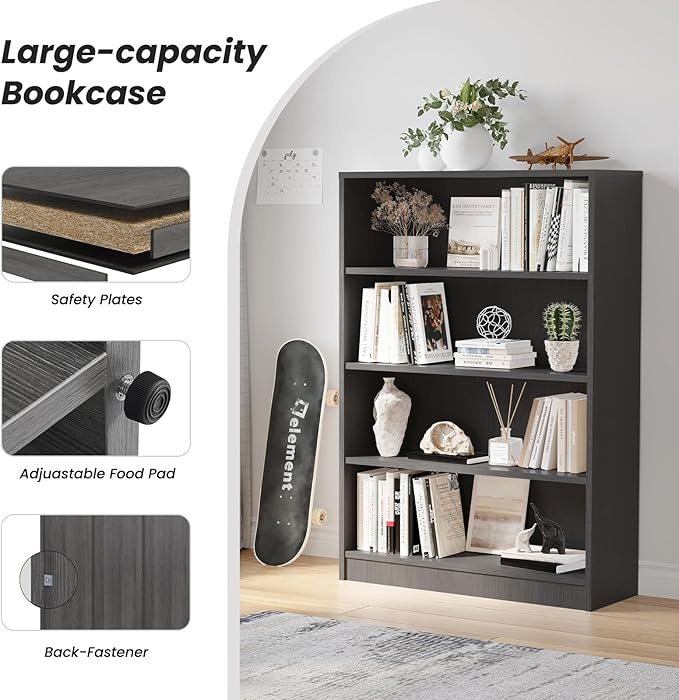Farini 4 Shelf boockase Display Bookcase Freestanding Wooden Bookshelves for Home Office Living Room,48 Inch Height,Grey