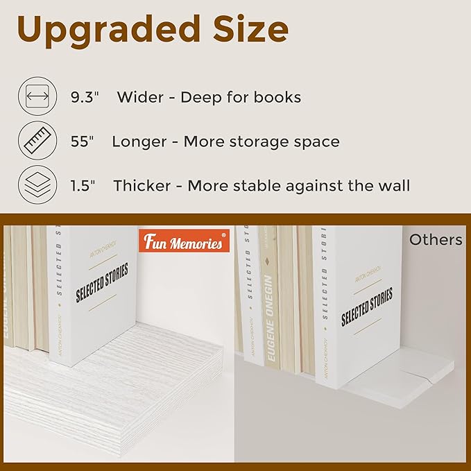 Fun Memories 55 Inch Floating Shelves for Wall Set of 2, 55x9.3 Large Floating Shelf for Bedroom, Kitchen, Bathroom, Wall Mounted Rustic Wood Shelves with Invisible Bracket for Books, Decor, White