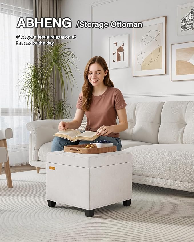 17.7 inches Chenille turfed Ottomans Cube with Storage, Metal-Framed Square Storage Ottoman Foot Rest Stool Holds 770 LB for Dorm Living Room Bedroom White UASND641W