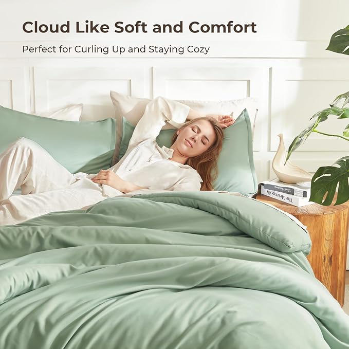 Litanika Comforter Set, Lightweight Solid Bedding Comforter Set, Fluffy Down Alternative Bed Set, Sage Green, California King