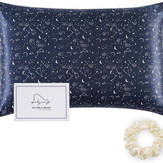 ALASKA BEAR Silk Pillowcase Envelope Closure, 22 Momme 100 Percent Long Overlap Sleeve Mulberry Silk Pillow Case Foldover Design, Machine Washable and NO Zipper, Queen (1, Constellation)