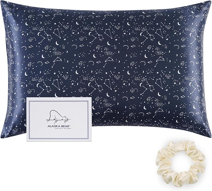 ALASKA BEAR Silk Pillowcase Envelope Closure, 22 Momme 100 Percent Long Overlap Sleeve Mulberry Silk Pillow Case Foldover Design, Machine Washable and NO Zipper, Queen (1, Constellation)