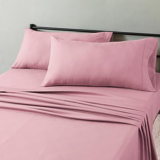 Amazon Basics Lightweight Microfiber 4-Piece Bed Sheet Set, Rose, Solid, King