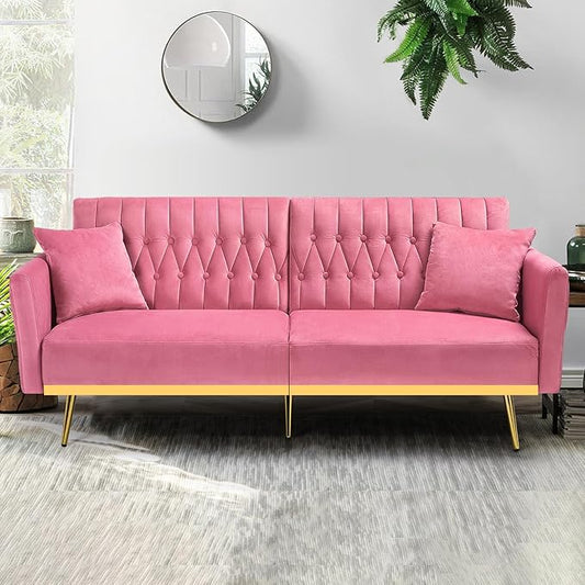 70” Velvet Futon Sofa Bed with 2 Pillows and Adjustable Armrests, Convertible Sleeper Bed, Modern Loveseat for Living Room, Bedroom, Pink