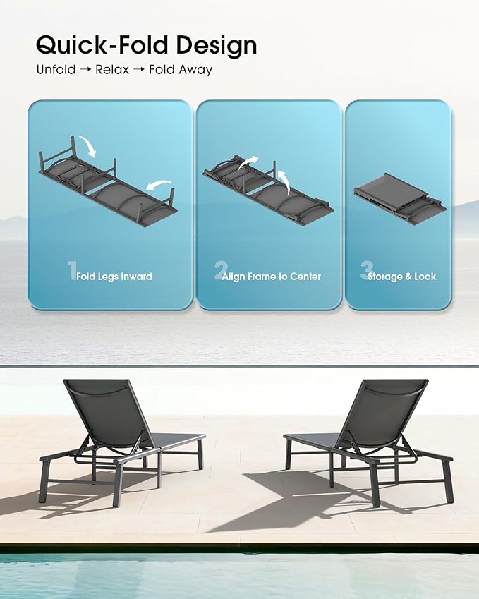 Ciokea Aluminum Outdoor Lounge Chair Set of 4- No Assembly Needed, Foldable Patio Chaise Lounge with 5 Adjustable Positions, Reinforced Frame for Extra Durability, Pool Beach Lounge Chair,Grey