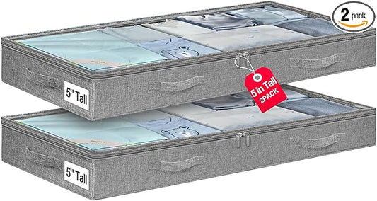 punemi 5 Inches High Low Profile Under Bed Storage Containers，No-Structure,Soft Fabric Zippered Underbed Storage bins for Clothes and Blankets— Fits Under Crib, Couch or Dorm bed,2-Pack,Grey