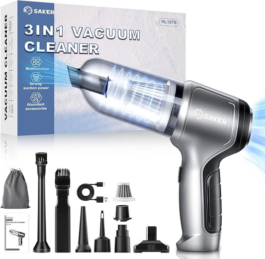 Saker Car Vacuum Portable Cordless 3 in 1 Handheld Car Vacuum 15000PA High Power with Brushless Motor and TypeC for Christmas Cars,Office,Home Cleaning HL107B