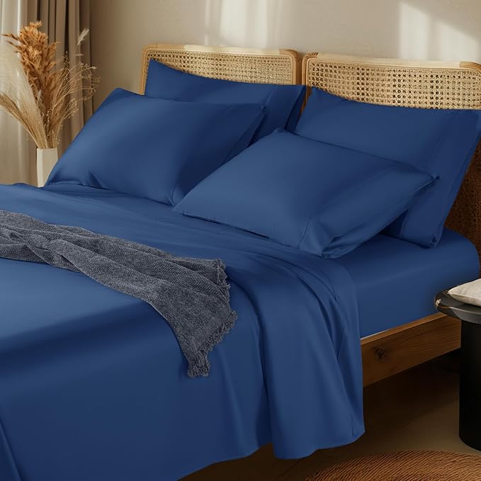 LBRO2M 1000 Thread Count 100% Egyptian Cotton Sheets Set 6 Piece Sets Queen Bed Sheet Deep Pocket Sheet Set 16" Soft Comfortable All Season (Queen, Navy Blue) LBRO2MBedding