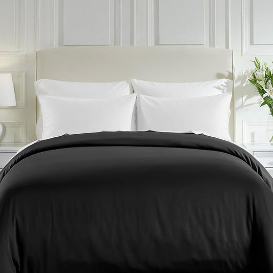 California Design Den Duvet Cover Queen Size/Full Size Only - Premium 400 Thread Count, Natural 100% Cotton Comforter Cover Queen Size, Soft Sateen Weave, Button Closure and Corner Ties - Black