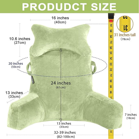 SLIGUY Reading Pillow-Bed Rest Pillow with Detachable Neck Roll & Higher Support Arm for Sitting in Bed Couch or Floor-Backrest Reading Pillow Adult Back Pillow for Reading/Watching TV/Gaming,Green