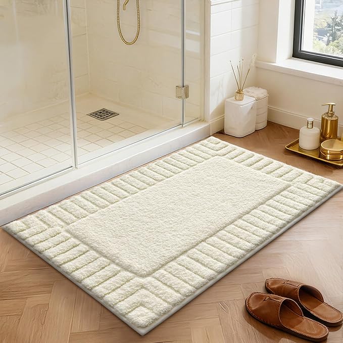 LUMI Bathroom Rugs Non Slip with Rubber Backing, Extra Soft Plush Microfiber Bath Rug Absorbent, Machine Washable Bath Mat Quick Dry for Tub, Shower, Ivory White, 16"x24"