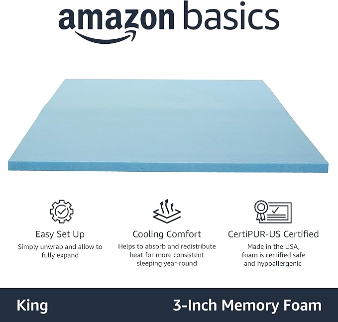 Amazon Basics King Mattress Topper, Cooling Gel-Infused, CertiPUR-US Certified, 3 Inches, Blue