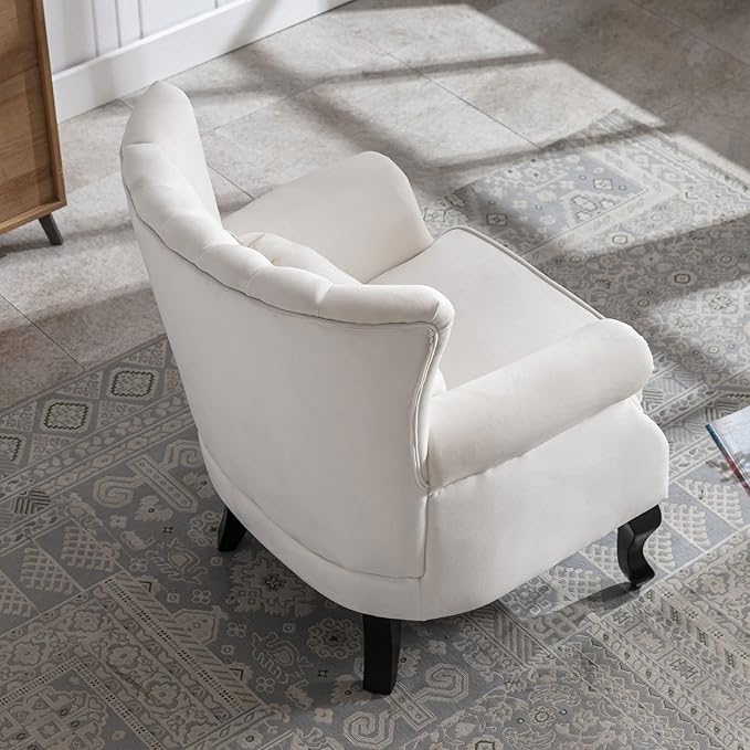 Mid Century Accent Chair Modern Tufted Wingback Armchairs Club Chair Velvet Fabric Single Sofa Reading Chair with Pillow for Living Room, Cream