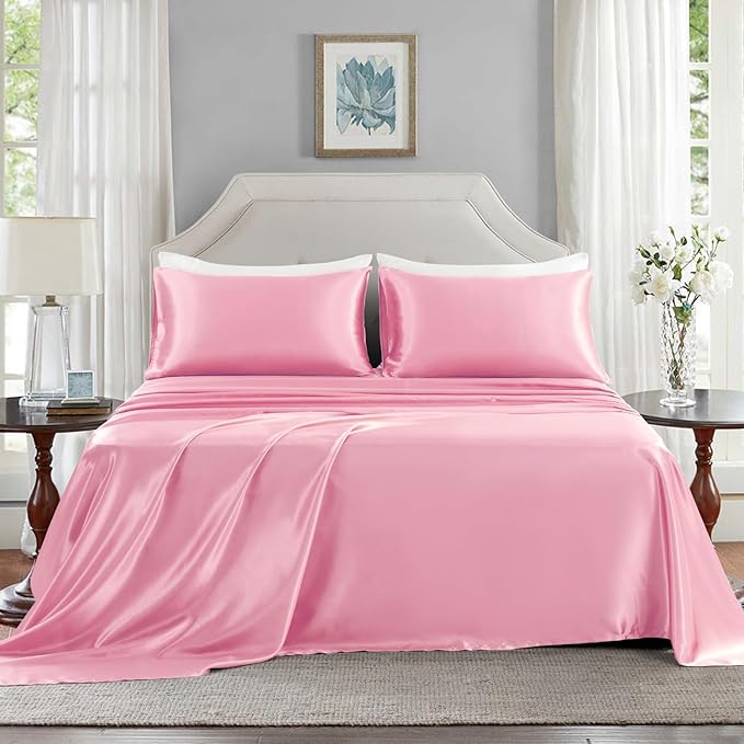 Satin Sheets California King Size - 4 Pieces Luxury Silky Soft Bed Sheets, Wrinkle-Free Light Pink Satin Silk Sheet Set with 1 Deep Pocket Fitted Sheet, 1 Flat Sheet, 2 Pillow Cases