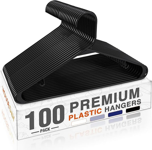 HOUSE DAY Black Plastic Hangers 100 Pack, Plastic Clothes Hangers with Built-in Hooks, Durable and Strong Coat Hangers for Closet, Space Saving Clothing Hanger for Shirts, Coats, Skirt, Dress