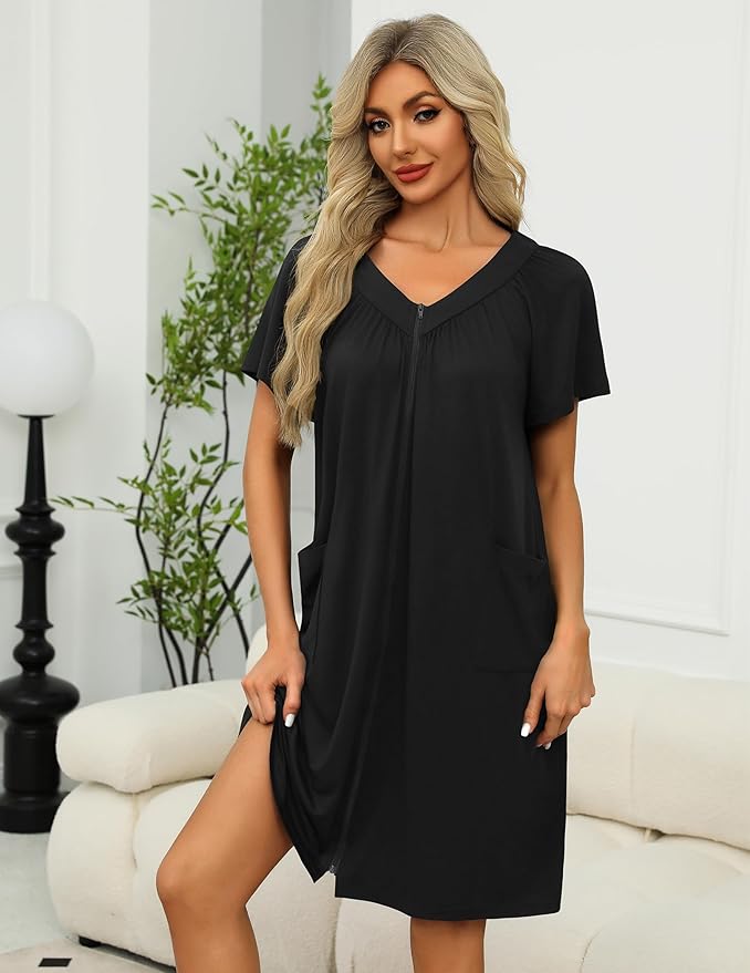 Ekouaer Women Robe Zipper Front Mumu Duster Robes Zip Up Housecoat Soft Sleepwear with Pockets