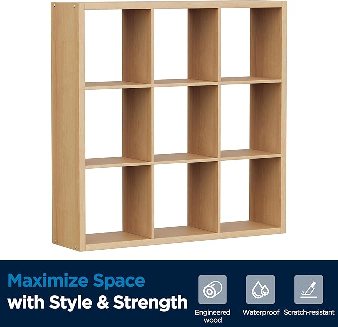 9-Cube Storage Organizer, Wooden Cube Shelf Bookcase with Reinforced Thick Shelves, Heavy-Duty 36.93" L x 9.37" W x 36.93" H, for Living Room Bedroom Home Office, Natural-Oak