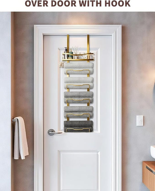 Hanging Towel Racks for Bathroom No Drill - 6-Tier Over The Door Bath Towel Storage Organizer for Small Bathrooms - Tiered Back of Door Towel Holder Hanger for Rolled Towels RV Camper Gold