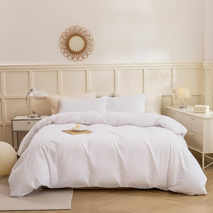 ECOCOTT White Duvet Cover Queen Size - 100% Washed Cotton Durable Soft Comfy Duvet Cover Set, Lightweight and Breathable with Zipper Closure & Corner Ties (White, 90''x90'')