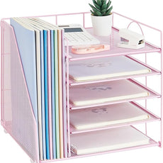 Desk Organizers and Accessories, 5-Tier Paper Letter Tray Organizer with File Holder, Desktop Organizer for Office Supplies (Pink)