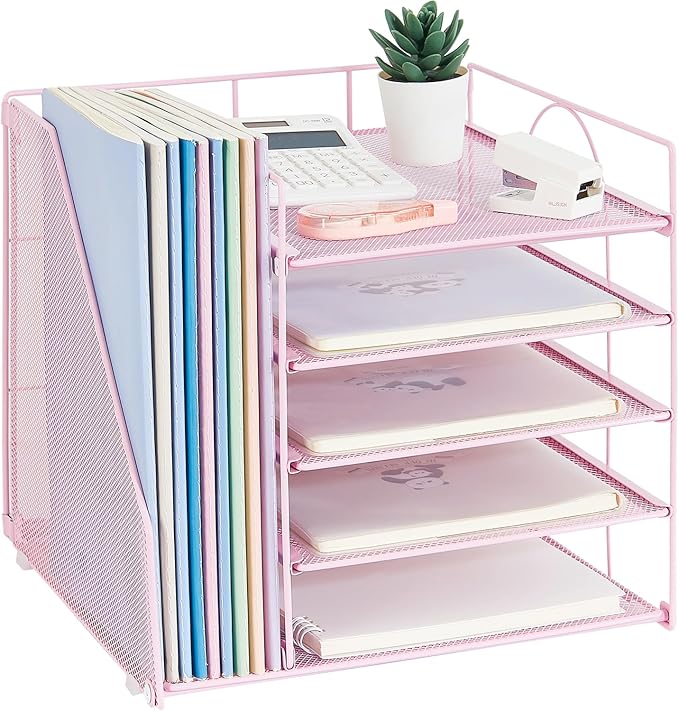 Desk Organizers and Accessories, 5-Tier Paper Letter Tray Organizer with File Holder, Desktop Organizer for Office Supplies (Pink)