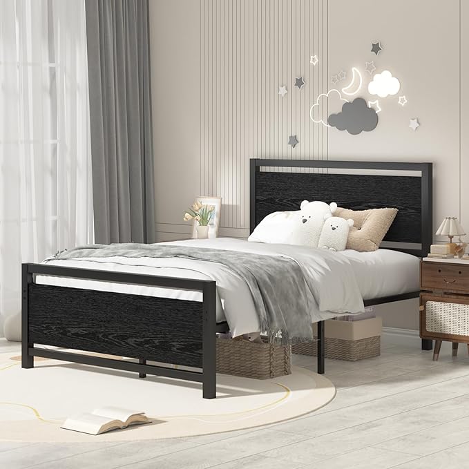 Twin Bed Frames with Headboard, Industrial Style Twin Bed Frame, Twin Size Bed Frames with Wooden Footboard, No Box Spring Needed, Noise-Free, Easy Assembly, Black
