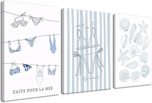 Trendy Coastal Canvas Wall Art Set of 3, Blue Bikini Granddaughter Room Wall Decor Paintings, Preppy Coastal Shell Girls Dorm Posters Prints Pictures for Living Room Bedroom 12x16 Inch Framed