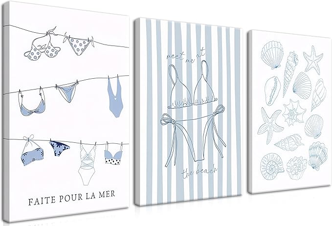 Trendy Coastal Canvas Wall Art Set of 3, Blue Bikini Granddaughter Room Wall Decor Paintings, Preppy Coastal Shell Girls Dorm Posters Prints Pictures for Living Room Bedroom 16x24 Inch Framed