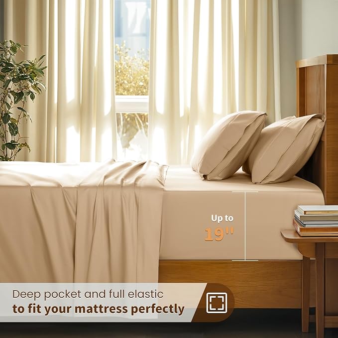 LBRO2M 100% Cotton Sheets Set Deep Pocket 19", 1000 Thread Count King Size 4 Piece Bed Sheet Sets Soft Comfortable Bedding All Season (King, Cream) LBRO2MBedding