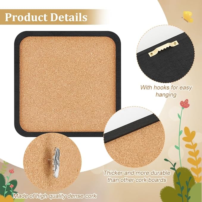 BENECREAT Pin Board Square Cork Board, 0.8inch Thick Bulletin Display Board Wall Mounted Cork Board for Brooch Pin Storage, Office Home Festival Wedding Decor, 7.8x7.8inch