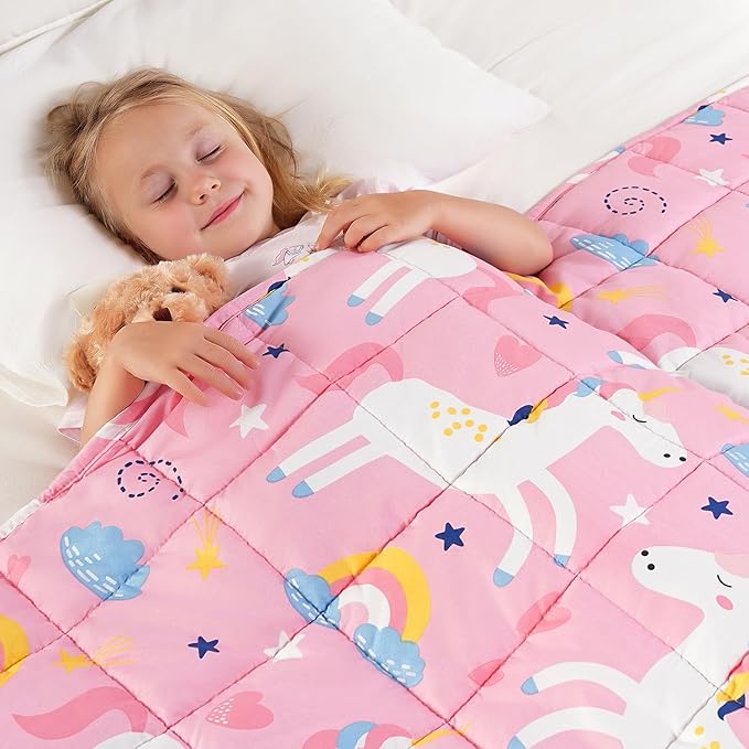 Kivik Pink Weighted Blanket 3 lbs, Breathable Weighted Blankets, Soft Cooling Heavy Throw for School Calming & Home Sleep, Machine Washable, 36 x 48 Inches, Cute Cartoon Unicorn