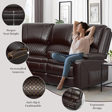 Manual Reclining Sectional Sofa Set, 4 Seats Soft Leather Recliner Corner Sectional Couch, Family-Sized L-Shaped Recliner Couch with USB Charging, Thickened Padding, Sturdy Frame, Brown