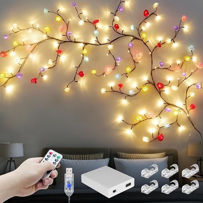 Macaroon Rose Blossom Enchanted Willow Vine Lights, 7.55FT 144LED 6 Color Blossom Tree Branch Lights for Wall, Remote Timer,8 Light Model,Bedroom Wall Doors Wedding, Christmas, USB Battery Box
