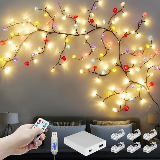 Macaroon Rose Blossom Enchanted Willow Vine Lights, 7.55FT 144LED 6 Color Blossom Tree Branch Lights for Wall, Remote Timer,8 Light Model,Bedroom Wall Doors Wedding, Christmas, USB Battery Box