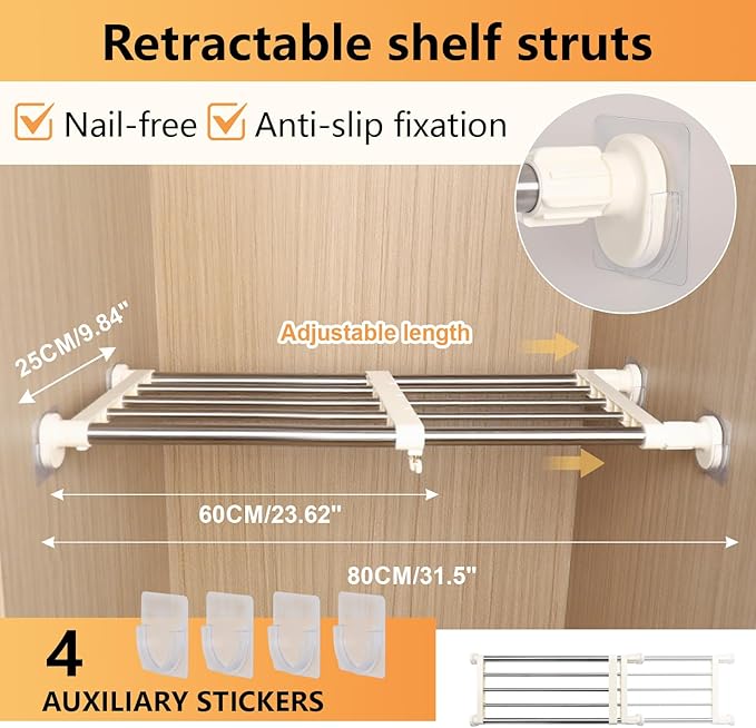 BAOYOUNI Tension Closet Shelves Stainless Steel Rustproof Storage Rack Bathroom Kitchen Organizer Shelf Dividers Ivory, 23.62-31.5 Inches