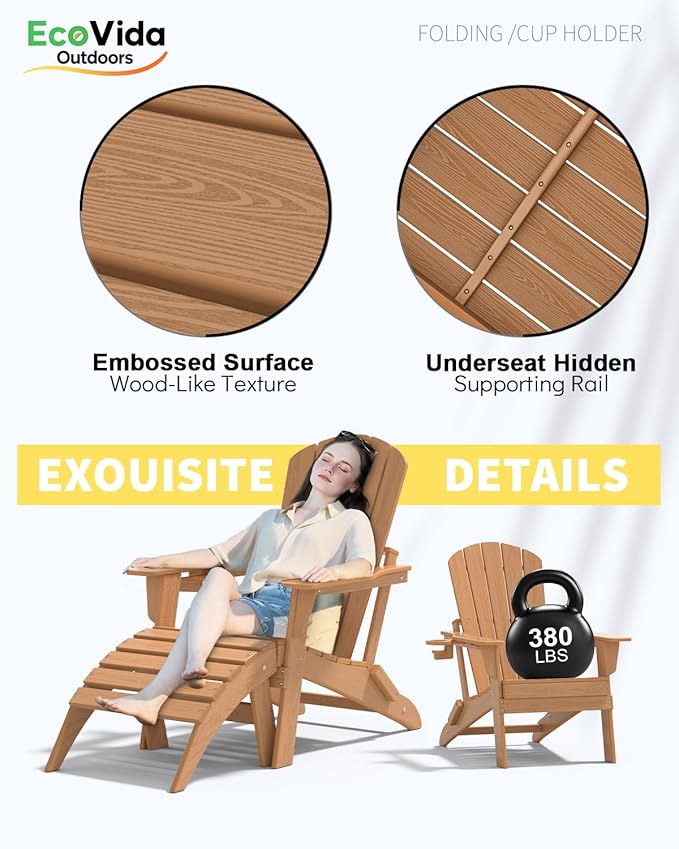 Upgraded Folding Adirondack Chair with All-Weather Cup Holder-EcoVida, Premium Wood Grain Texture, HDPE Waterproof, Suitable for Fire Pit, Patio, Porch, Cedar