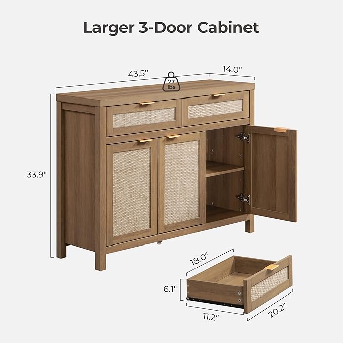 SICOTAS Rattan Sideboard Buffet Cabinet with Storage, Boho Credenza Accent Cabinet with 3 Doors and 2 Drawers, Farmhouse Console Coffee Bar for Kitchen Living Room Entryway, Caramel Oak, 2 PCS