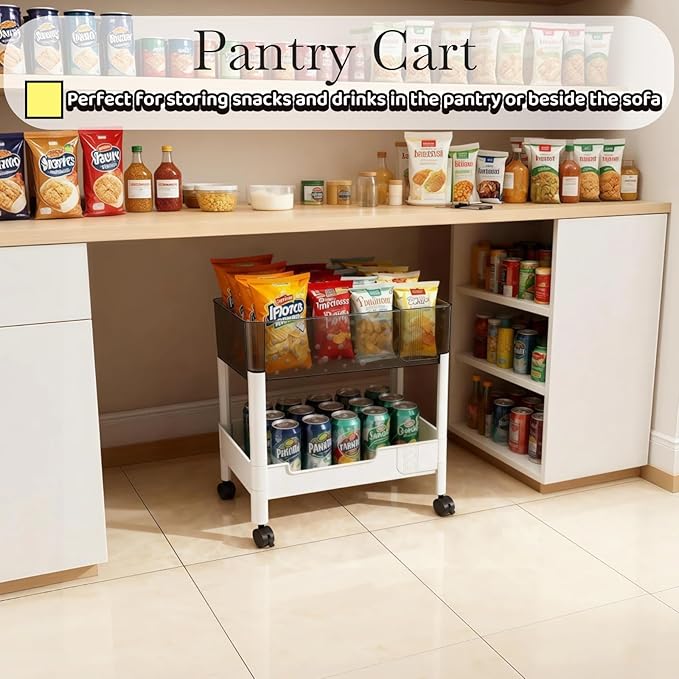 2 Tier Rolling Cart with Wheels for Under Desk Storage, Heavy Duty Plastic Short Small Utility Cart for Small Space Pantry Room Kitchen Laundry Bathroom, 4.7'' Deep Baskets for Tall Bottles