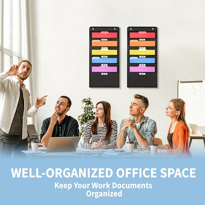 Annecy 5 Pockets Hanging Wall File Organizer, Black Storage Pocket Chart for File Folder and Paper, Space Saver for Office and Classroom, with Wall Hangers, Over The Door Hooks, Labels