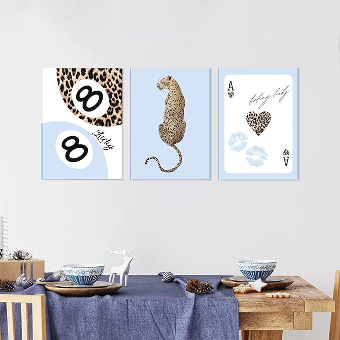 Trendy Leopard Canvas Wall Art Set of 3,Blue Cheetah Y2k Wall Decor Paintings,Funky Lucky You 8 Ball Posters Prints Pictures for Girls Room Dorm Apartment Living Room Home Decor 12x16 Inch Framed